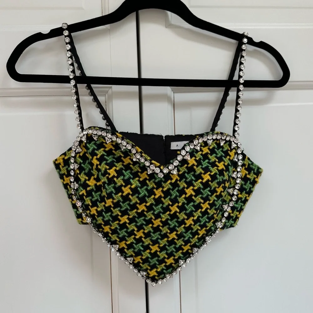 AREA NYC ✨GREEN TWEED CRYSTAL HEART TOP - Picture 5 of 15